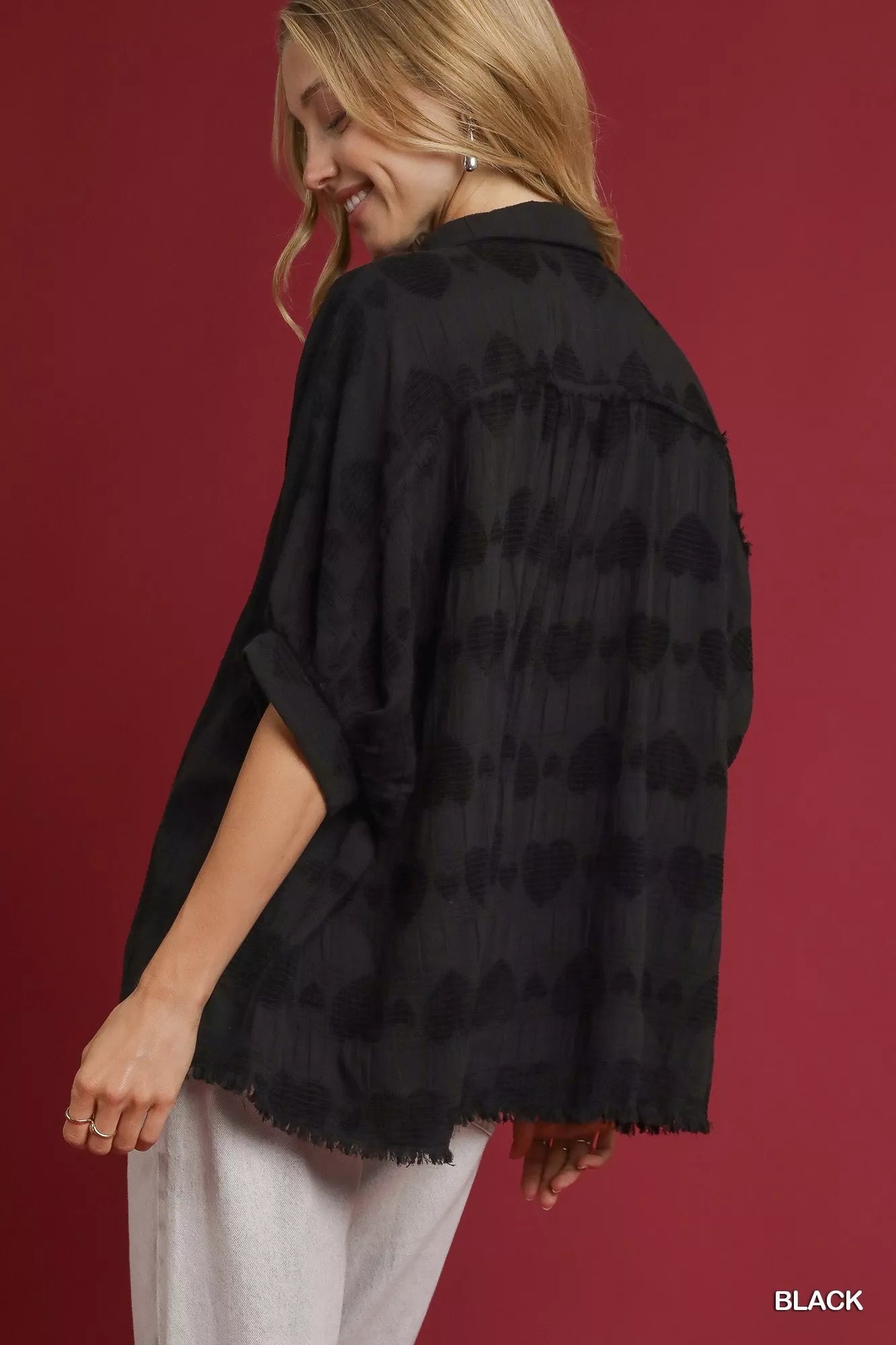 Umgee Jacquard Heart Collared Shirt - Tigbul's Variety Fashion Shop
