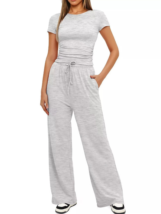 Round Neck Short Sleeve T-Shirt and Pants Set - Tigbul's Variety Fashion Shop