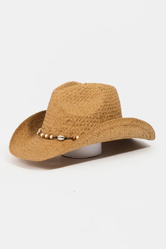 Fame Beaded Cowrie Shell Straw Weave Western Cowboy Hat - Tigbul's Variety Fashion Shop