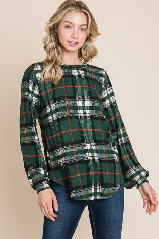 BOMBOM Curved Hem Plaid Round Neck Long Sleeve Top - Tigbul's Variety Fashion Shop