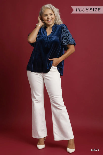 Umgee Full Size Velvet Embroidered Sleeve Blouse Plus Size - Tigbul's Variety Fashion Shop