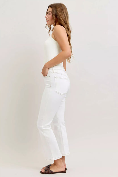 Judy Blue Contrast Stitching Cropped Flare White Jeans | Tigbuls