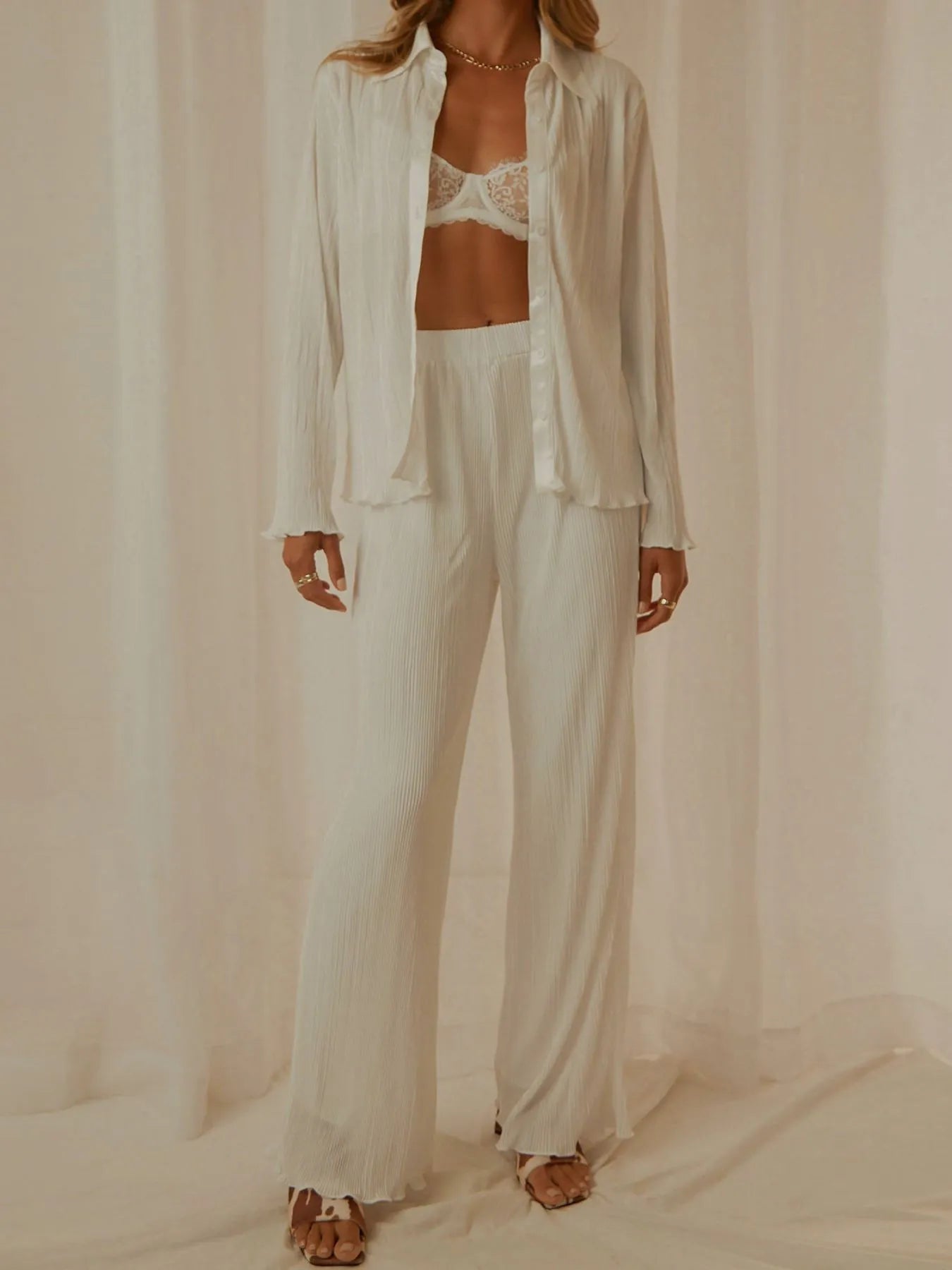 Button Up Long Sleeve Top and Pants Set - Tigbul's Variety Fashion Shop