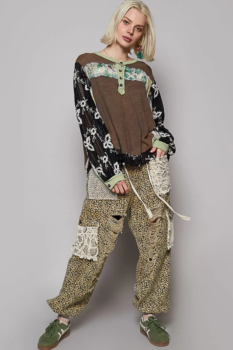 POL Button Detail Floral Patchwork Crochet Sleeve Blouse - Tigbul's Variety Fashion Shop