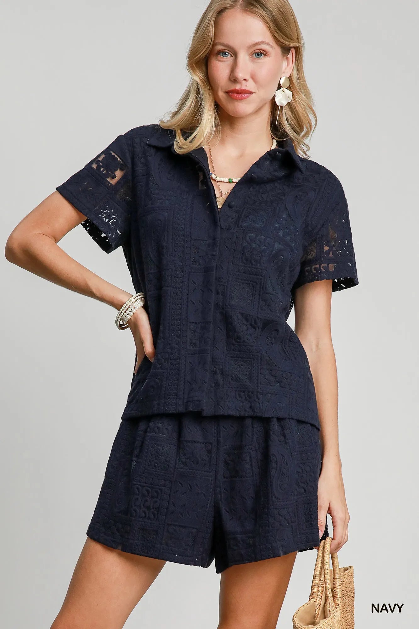Umgee Patch Lace Short Sleeve Button Down Shirt - Tigbul's Variety Fashion Shop