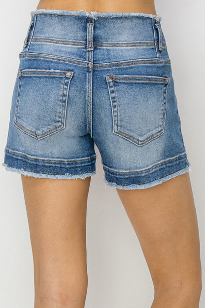 RISEN High Rise Seam Detailed Raw Edge Denim Shorts - Tigbul's Variety Fashion Shop