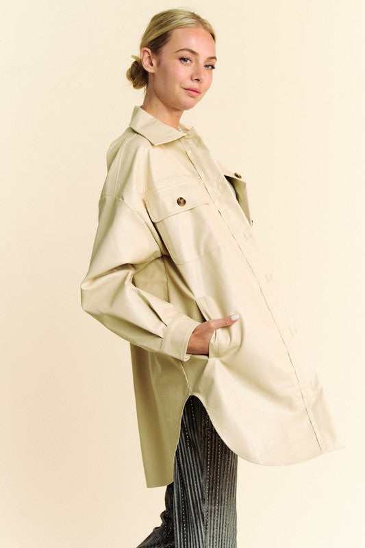 Beige Faux Leather Button Up Jacket with Chest Pockets - Tigbul's Variety Fashion Shop