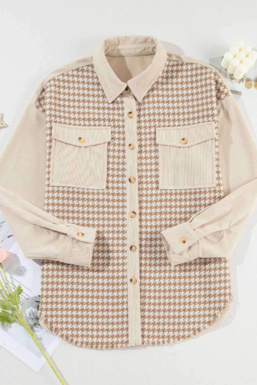 Beige Houndstooth Button Up Long Sleeve Jacket - Tigbul's Variety Fashion Shop