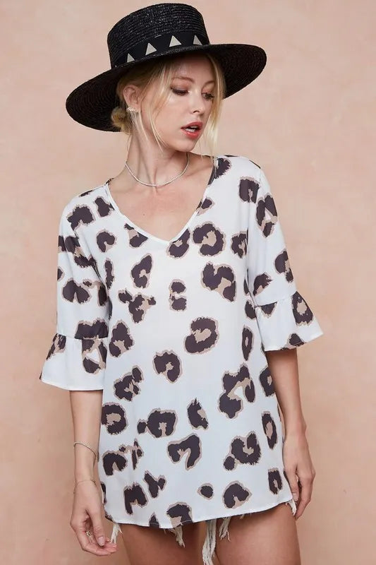 BiBi Leopard Printed V Neck Woven Top with Ruffled - Tigbul's Variety Fashion Shop