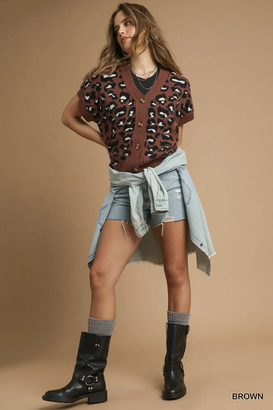 Umgee Leopard Button Down Short Sleeve Cardigan - Tigbul's Variety Fashion Shop