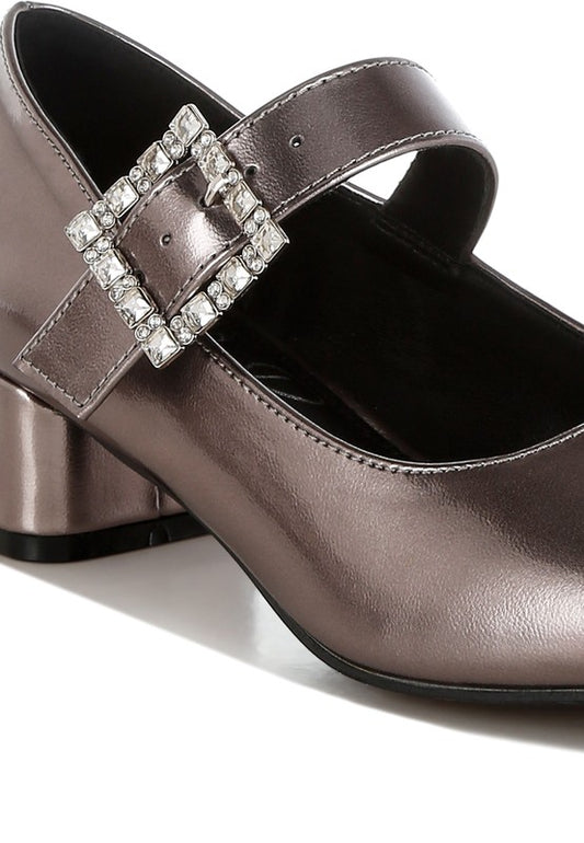 Abeba Diamante Brooch Metallic Mary Jane Pumps - Tigbul's Variety Fashion Shop