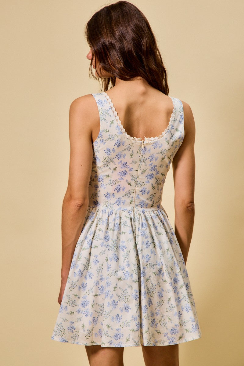 Blue floral fit-and-flare dress with V-back and gathered skirt