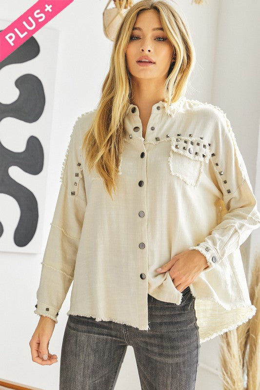 Plus Distressed hem button down oversize shirt - Tigbul's Variety Fashion Shop