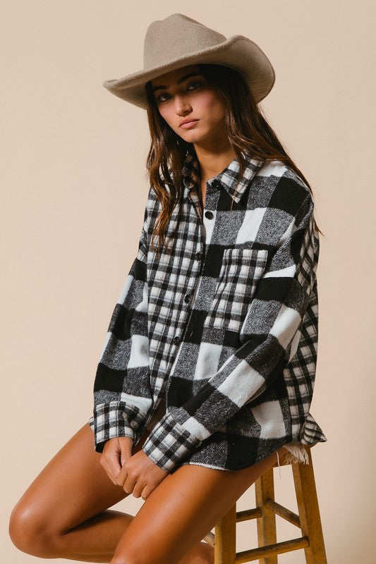 Black Plaid Fleece Button Down Long Sleeve Shirt