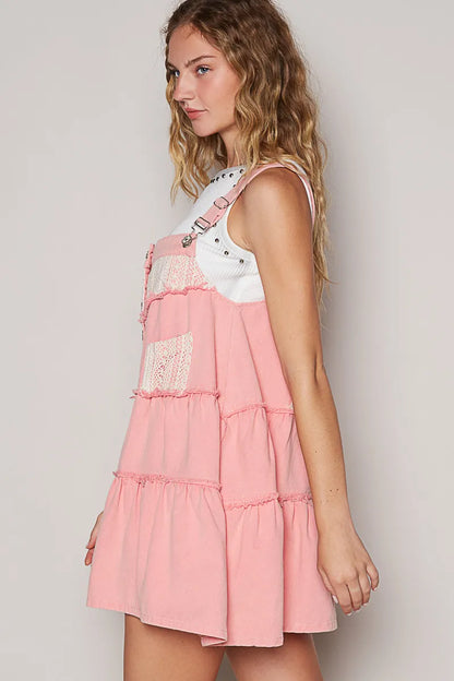 POL Lace Patchwork Detail Denim Overall Dress - Tigbul's Variety Fashion Shop