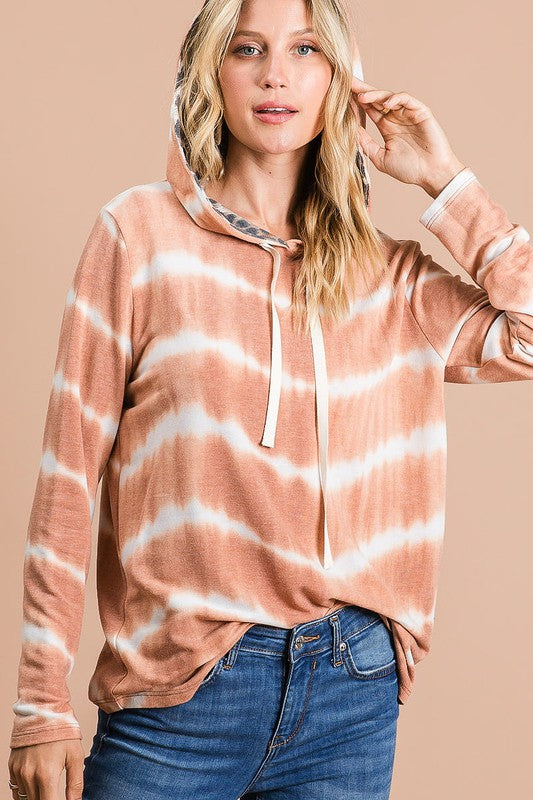BiBi Tie Dye Stripe Terry Drawstring Hoodie With Leopard - Tigbul's Variety Fashion Shop