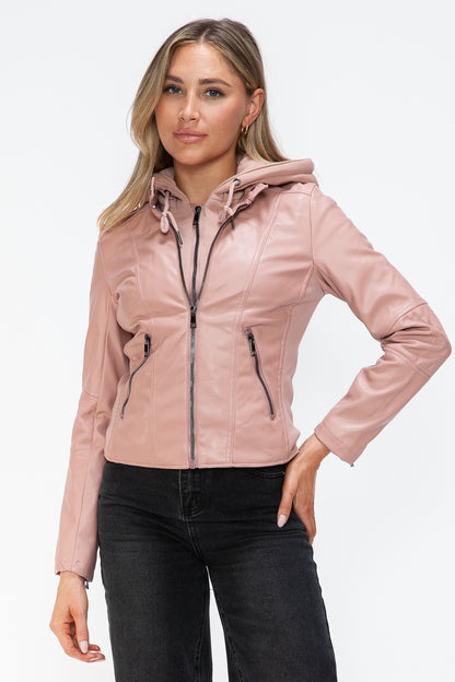 Mauve Faux Leather Zip Up Drawstring Hooded Jacket