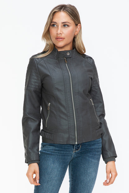 Charcoal PU Leather Biker Jacket with Side Zip Pockets