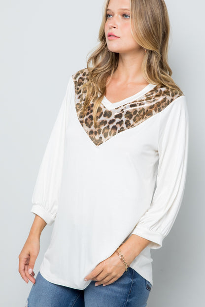 Celeste Full Size Leopard Contrast Balloon Sleeve Top - Tigbul's Variety Fashion Shop