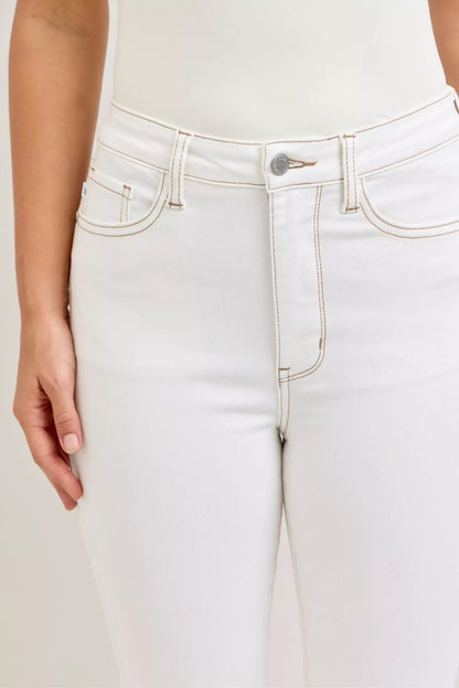 Judy Blue Contrast Stitching Cropped Flare White Jeans | Tigbuls