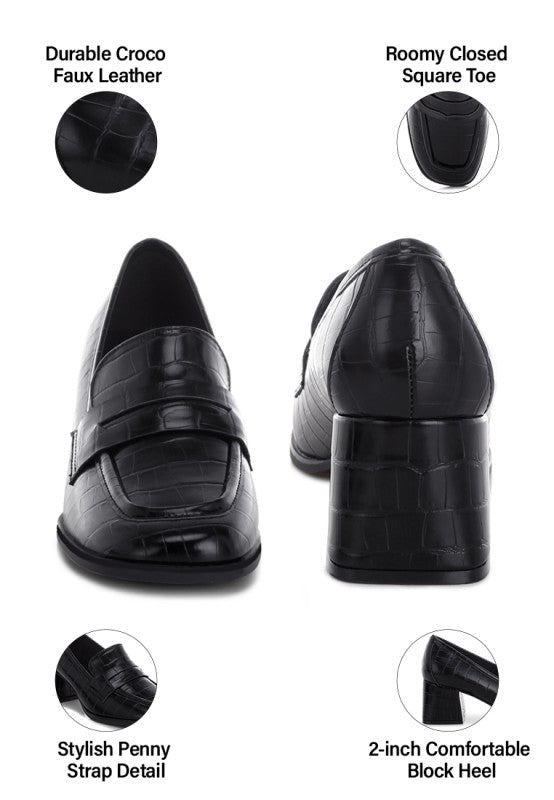 Block Heel Penny Strap Black Loafers | Tigbuls Variety Fashion