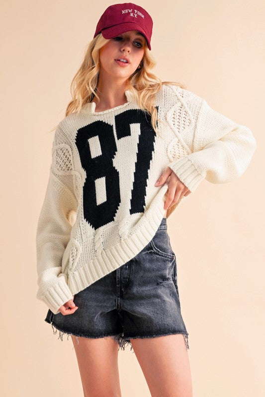 Contrast Number Cable Knit Drop Shoulder Sweater - Tigbul's Variety Fashion Shop