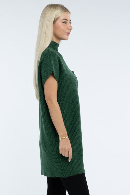 Mock Neck Short Sleeve Sweater Dress with Pocket - Tigbul's Variety Fashion Shop