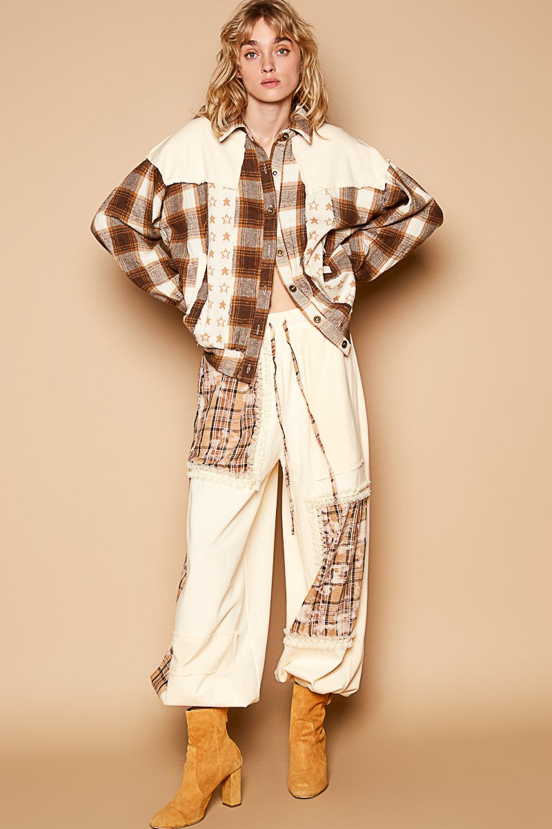 POL Plaid & Star Patchwork Contrast Long Sleeve Shacket - Tigbul's Variety Fashion Shop