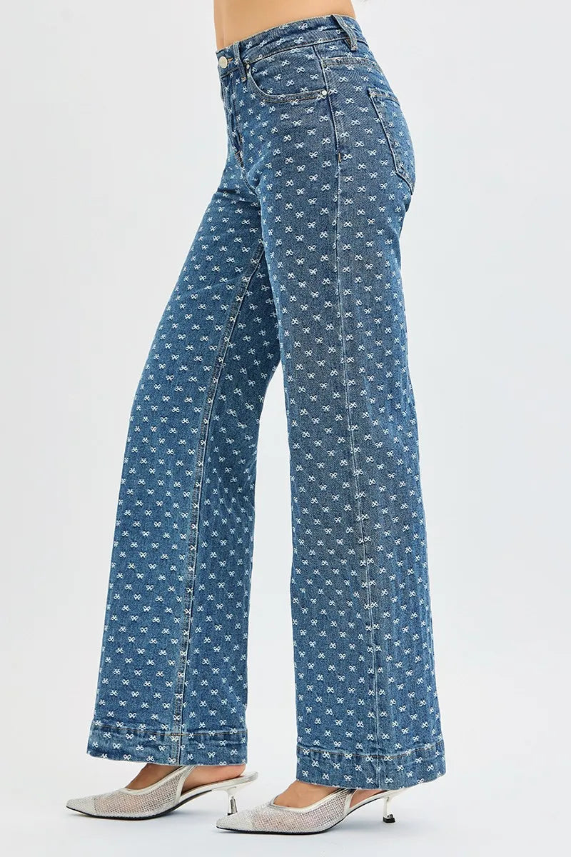 RISEN High Rise Wide Leg Bow Embroidered Jeans - Tigbul's Variety Fashion Shop