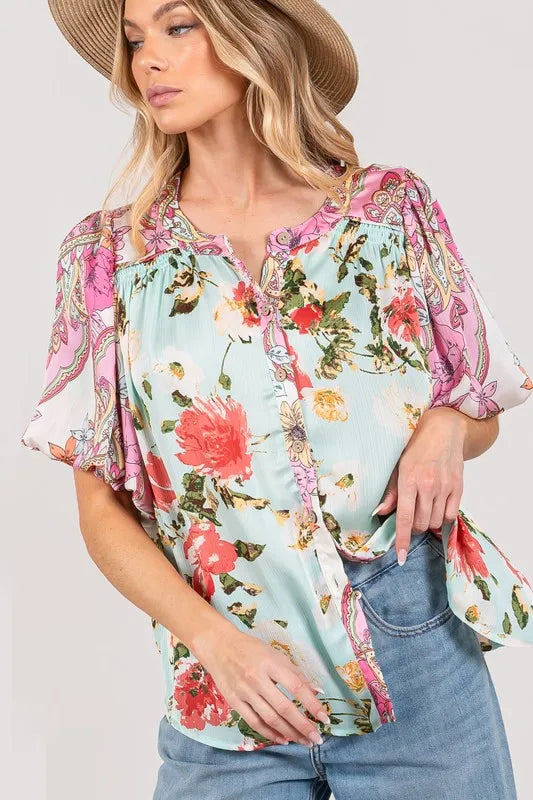 Plus Size Floral Mineral Wash Blue French Terry Button Up Shirt - Tigbul's Variety Fashion Shop
