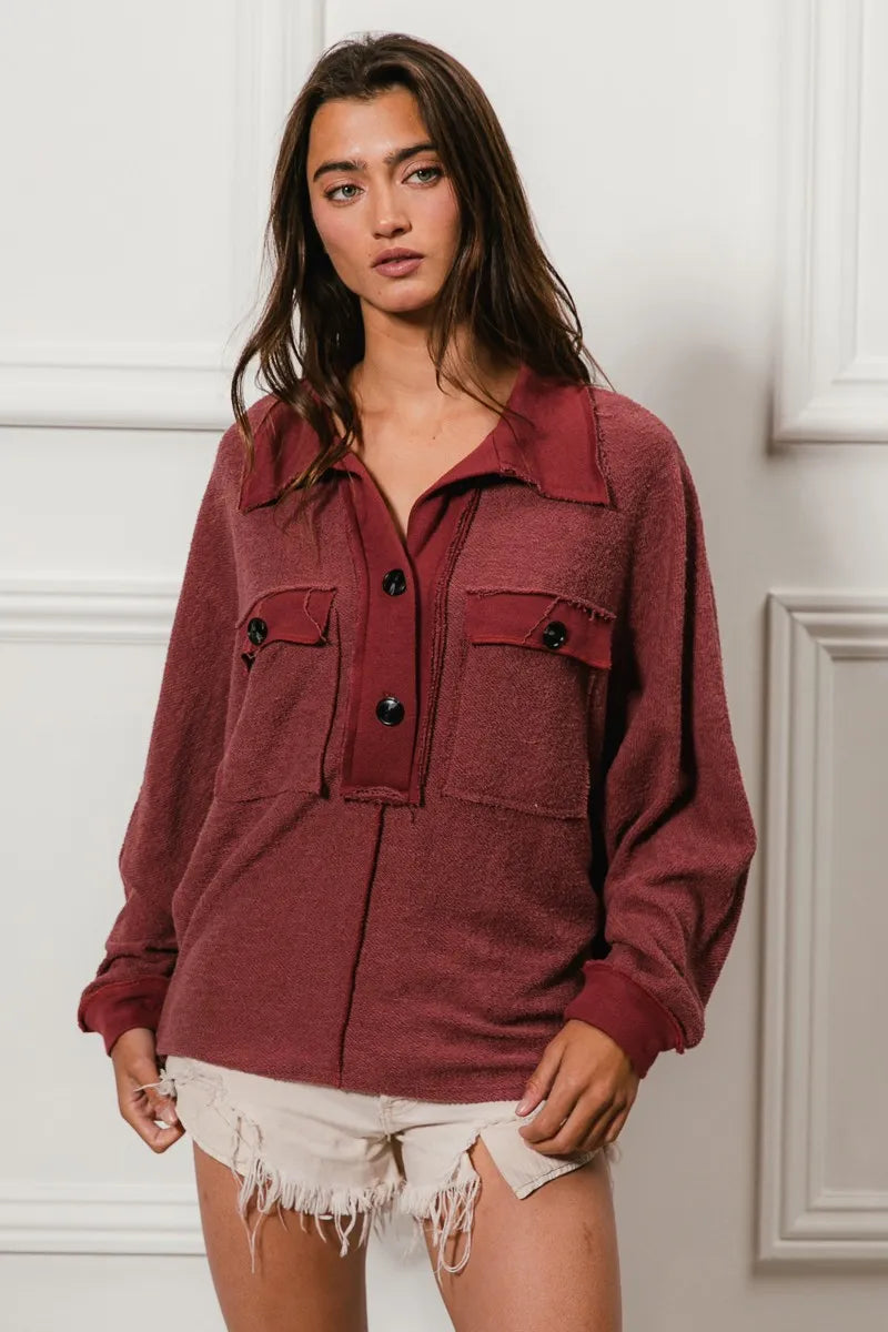 BiBi Cp French Terry Cut Edge Detail Collared Top - Tigbul's Variety Fashion Shop