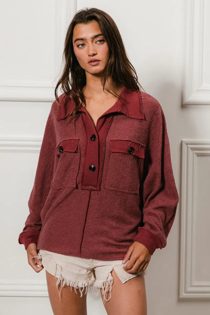 BiBi Cp French Terry Cut Edge Detail Collared Top - Tigbul's Variety Fashion Shop