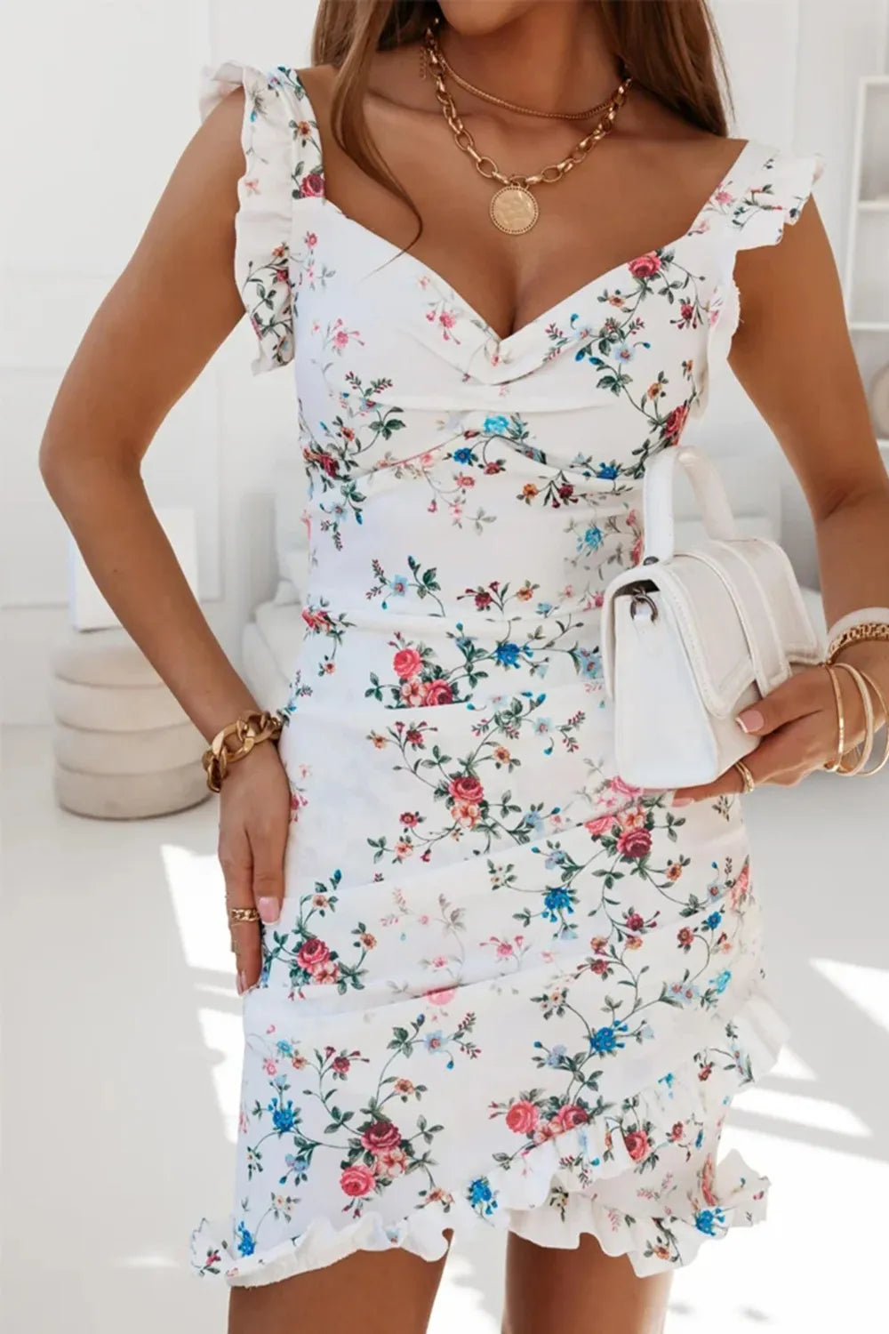 Printed Ruffled Sweetheart Neck Mini Dress - Tigbul's Variety Fashion Shop