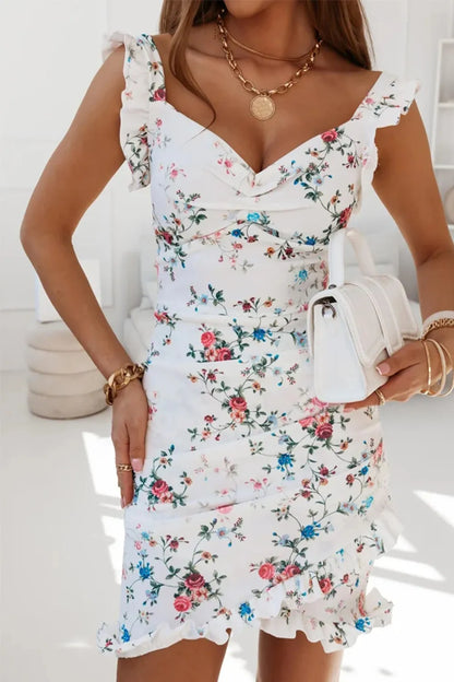 Printed Ruffled Sweetheart Neck Mini Dress - Tigbul's Variety Fashion Shop