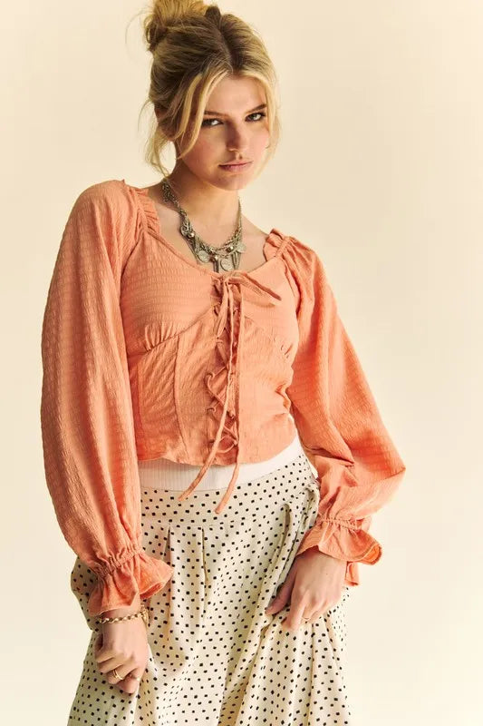 Peach Color Strap Front Corset Look Long Puff Sleeve Blouse - Tigbul's Variety Fashion Shop