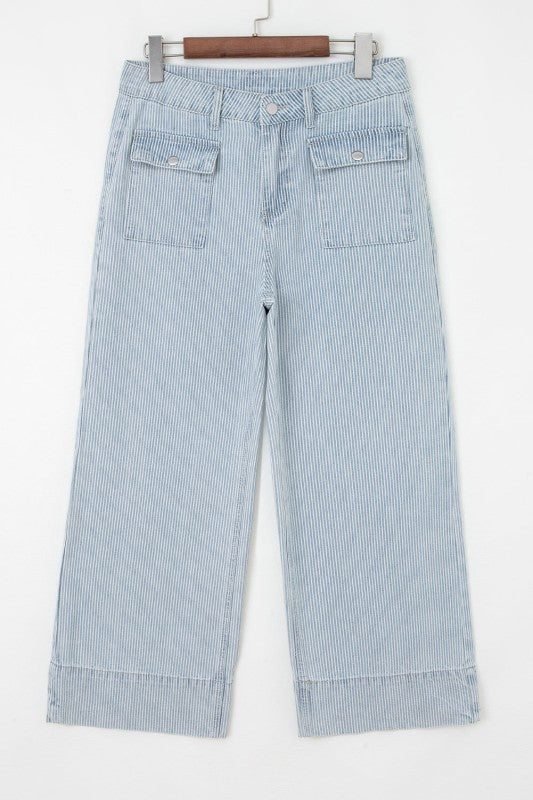 Sky blue stripe wide-leg jeans on hanger: patch pockets, button fly, and cuffed hem