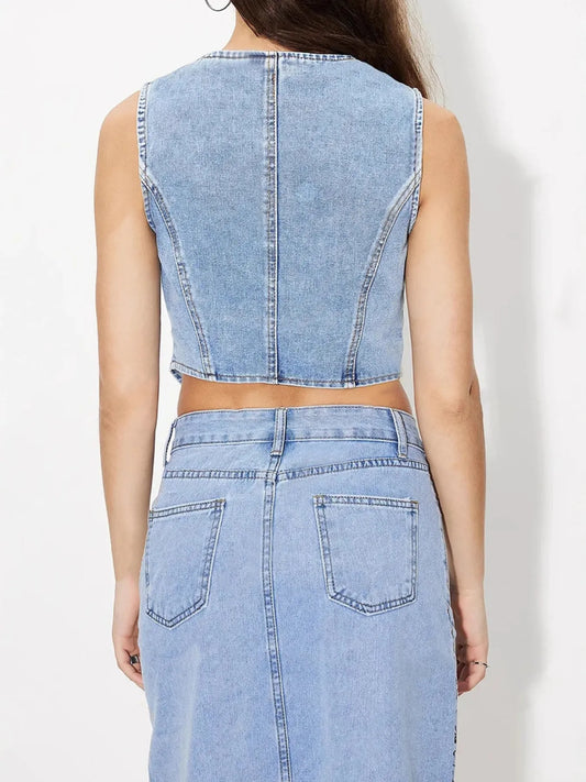 Button-Up Sleeveless Denim Vest - Tigbul's Variety Fashion Shop