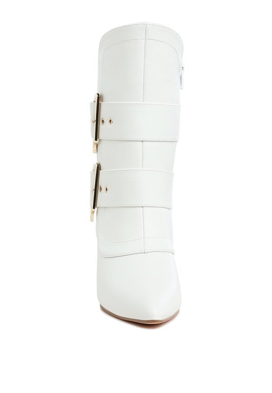 White ankle boots, back view with two adjustable buckle straps