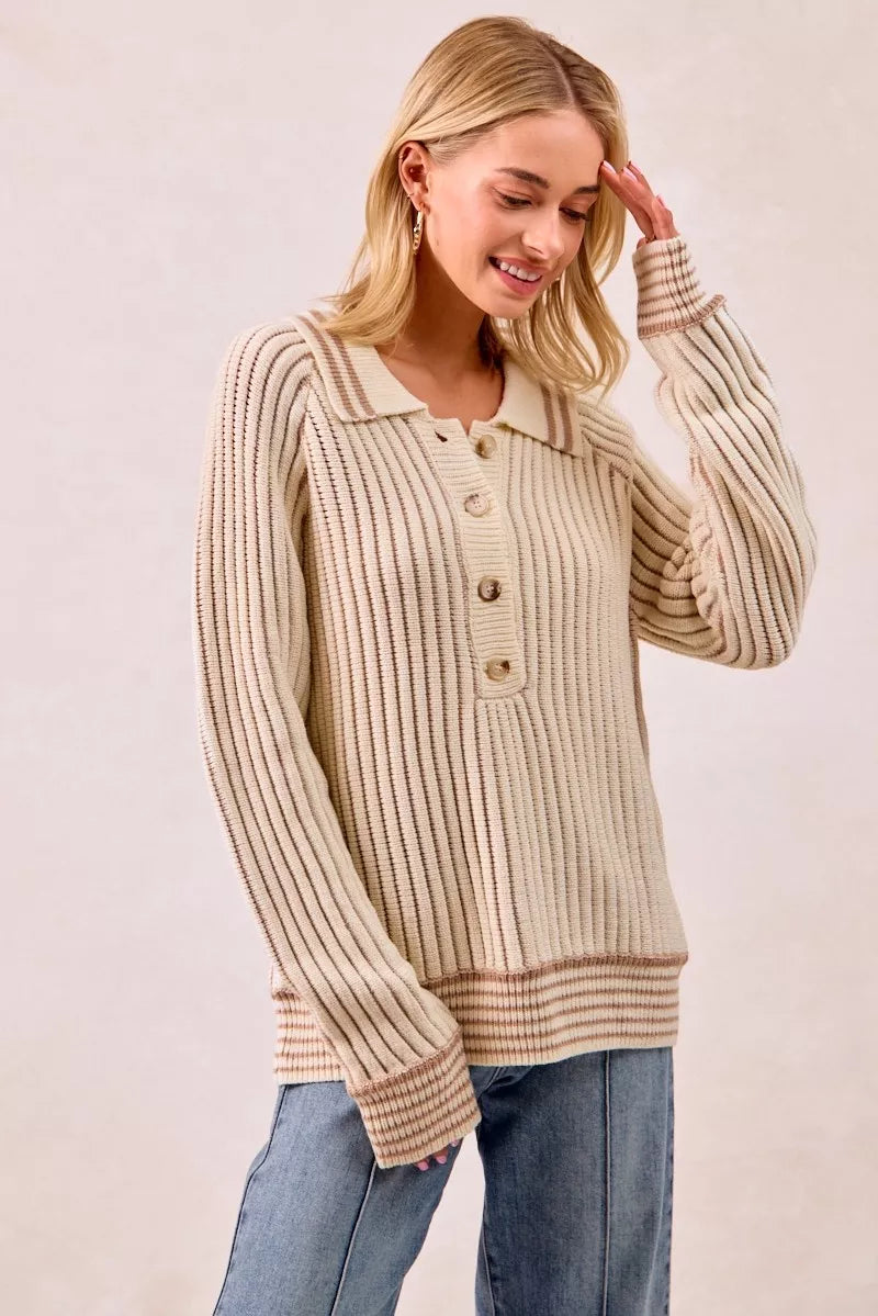 BiBi Half Button Ribbed Two Tone Sweater - Tigbul's Variety Fashion Shop