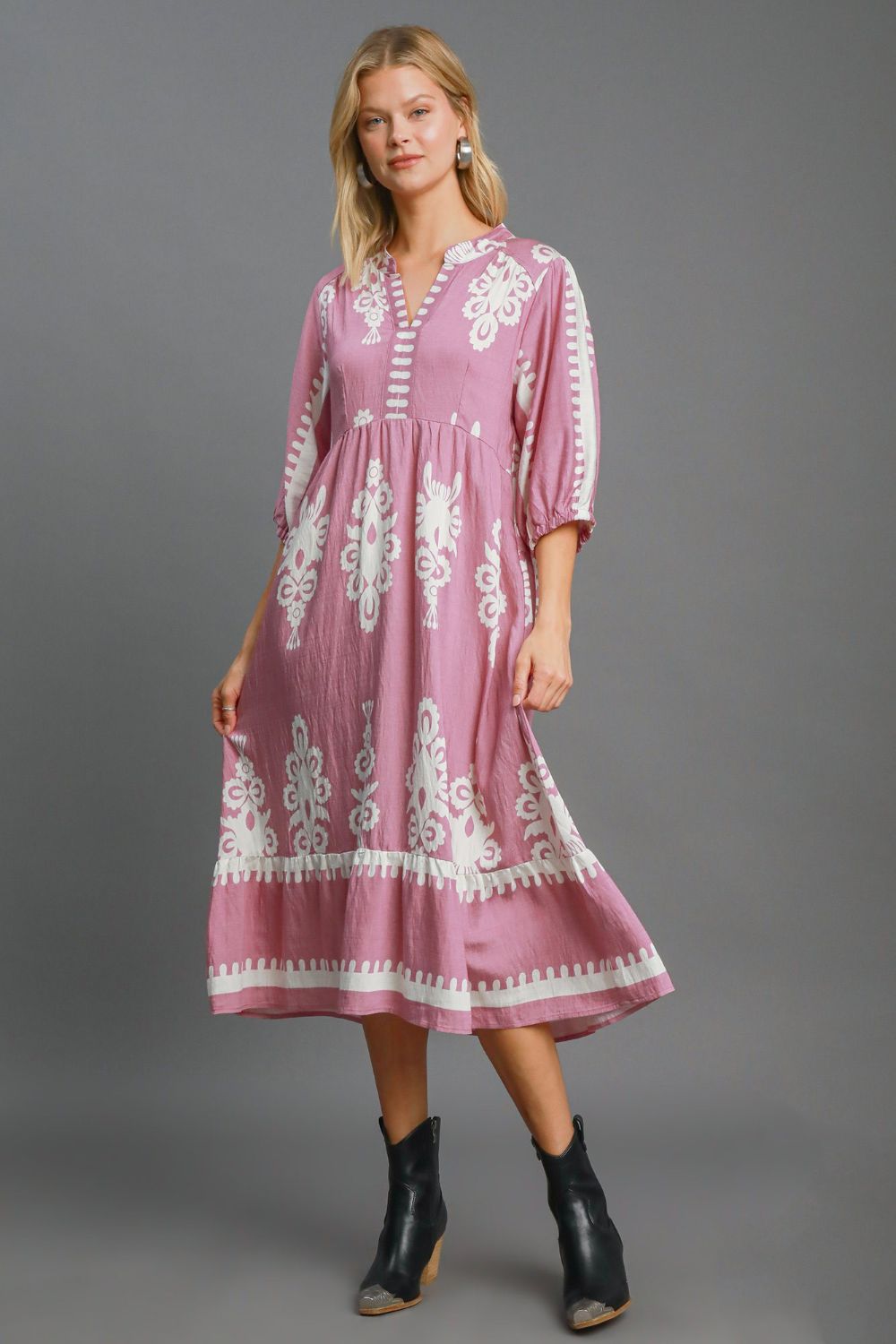 Umgee Printed Notched Midi Dress - Tigbul's Variety Fashion Shop