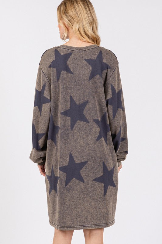 SAGE + FIG Washed Star Print Round Neck Dress - Tigbul's Variety Fashion Shop