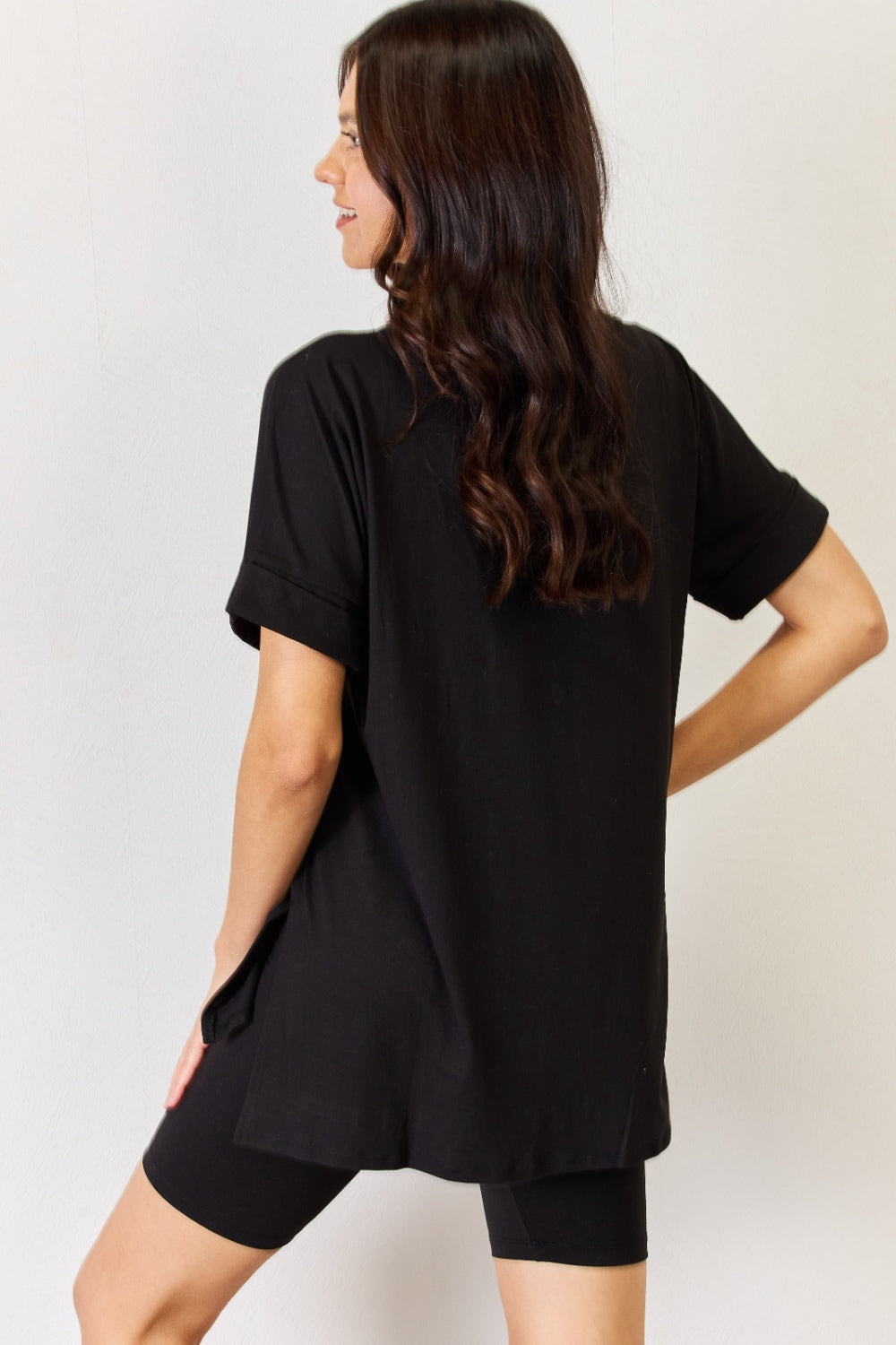 Black V-Neck Short Sleeve Slit T-Shirt and Shorts Set - Tigbul's Variety Fashion Shop