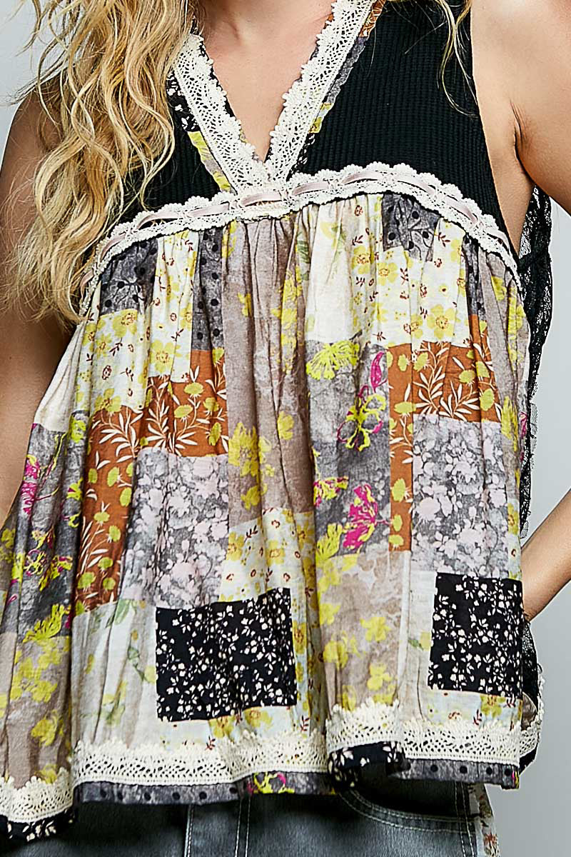 POL Floral Black V-Neck Sheer Tank with Lace Trim | Tigbuls Variety