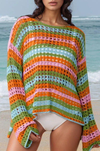 Openwork Round Neck Long Sleeve Knit Cover Up - Tigbul's Variety Fashion Shop