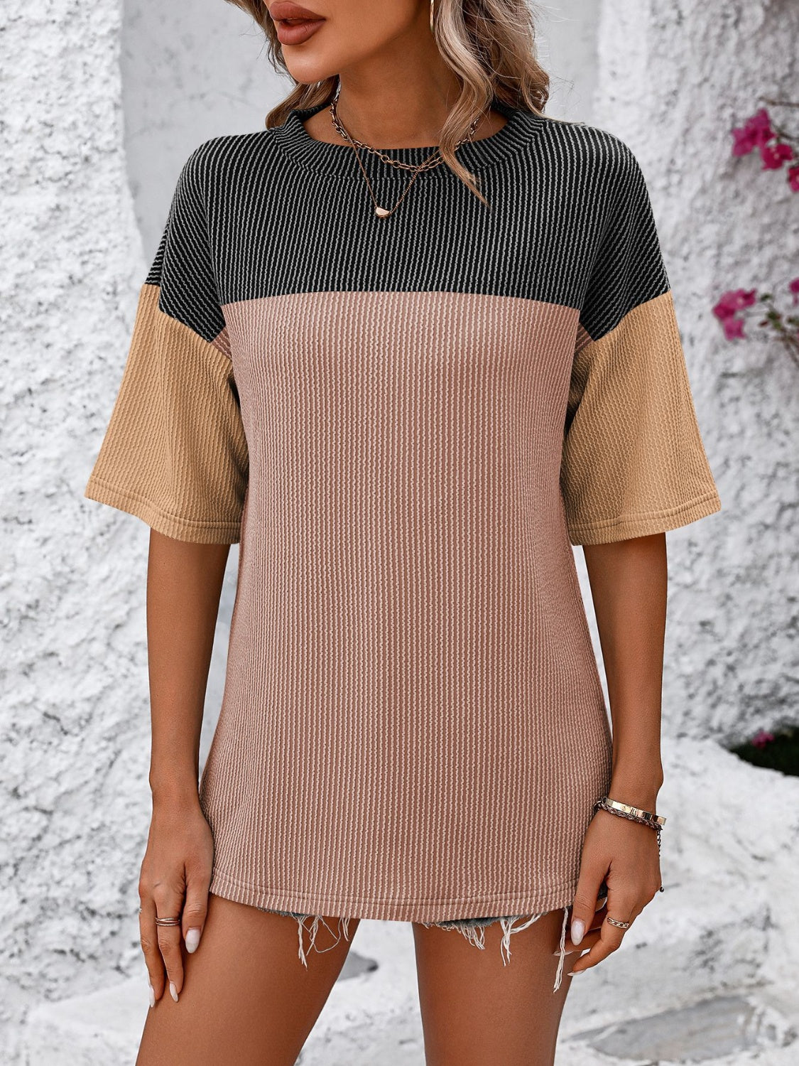 Color Block Round Neck Half Sleeve T-Shirt - Tigbuls Variety Fashion