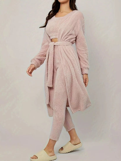 Fuzzy Tank Long Sleeve Cardigan and Pants 3-Piece Lounge Set - Tigbul's Variety Fashion Shop