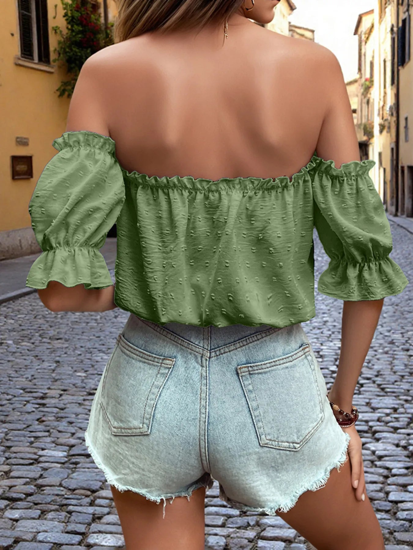 Off-Shoulder Swiss Dot Blouse with Tie Front Detail - Tigbul's Variety Fashion Shop