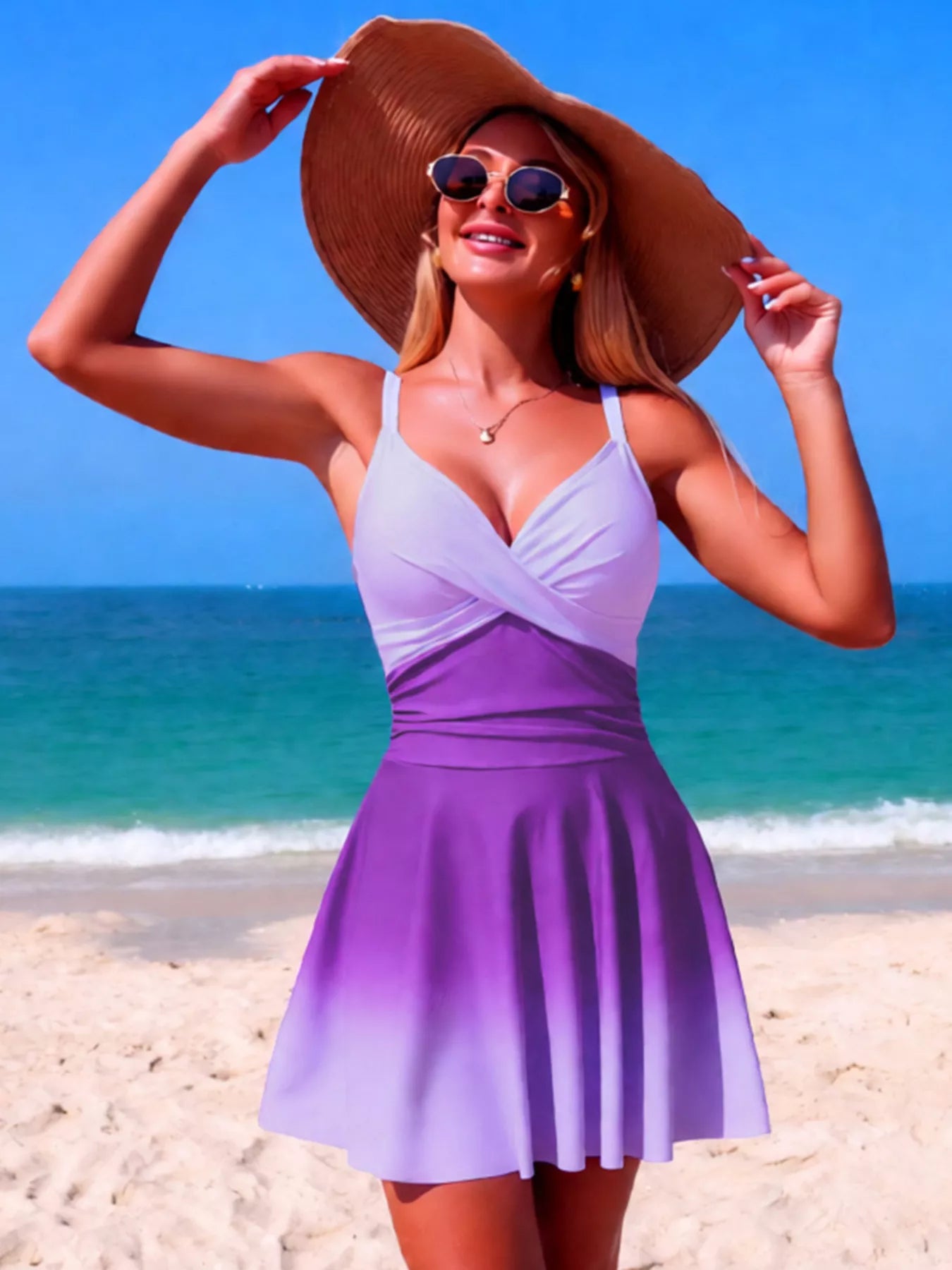 V-neck gradient one-piece swimsuit, front wrap bodice, purple gradient with white base