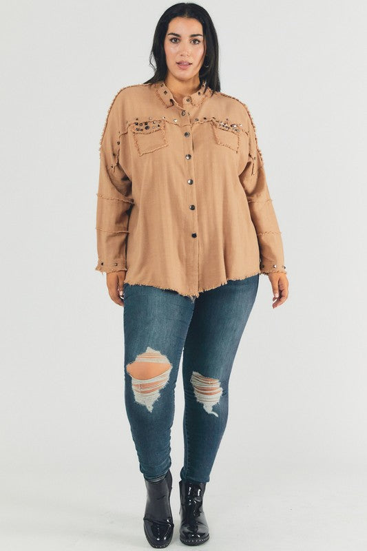 Plus Distressed hem button down oversize shirt - Tigbul's Variety Fashion Shop