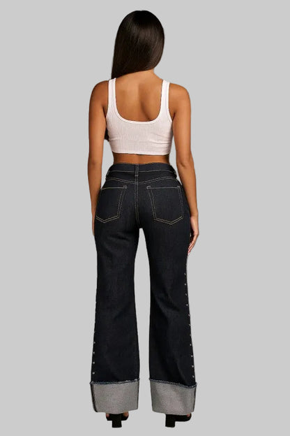 Studded Low Rise Dark Blue Jean Pants, Women's - Tigbul's Variety Fashion Shop